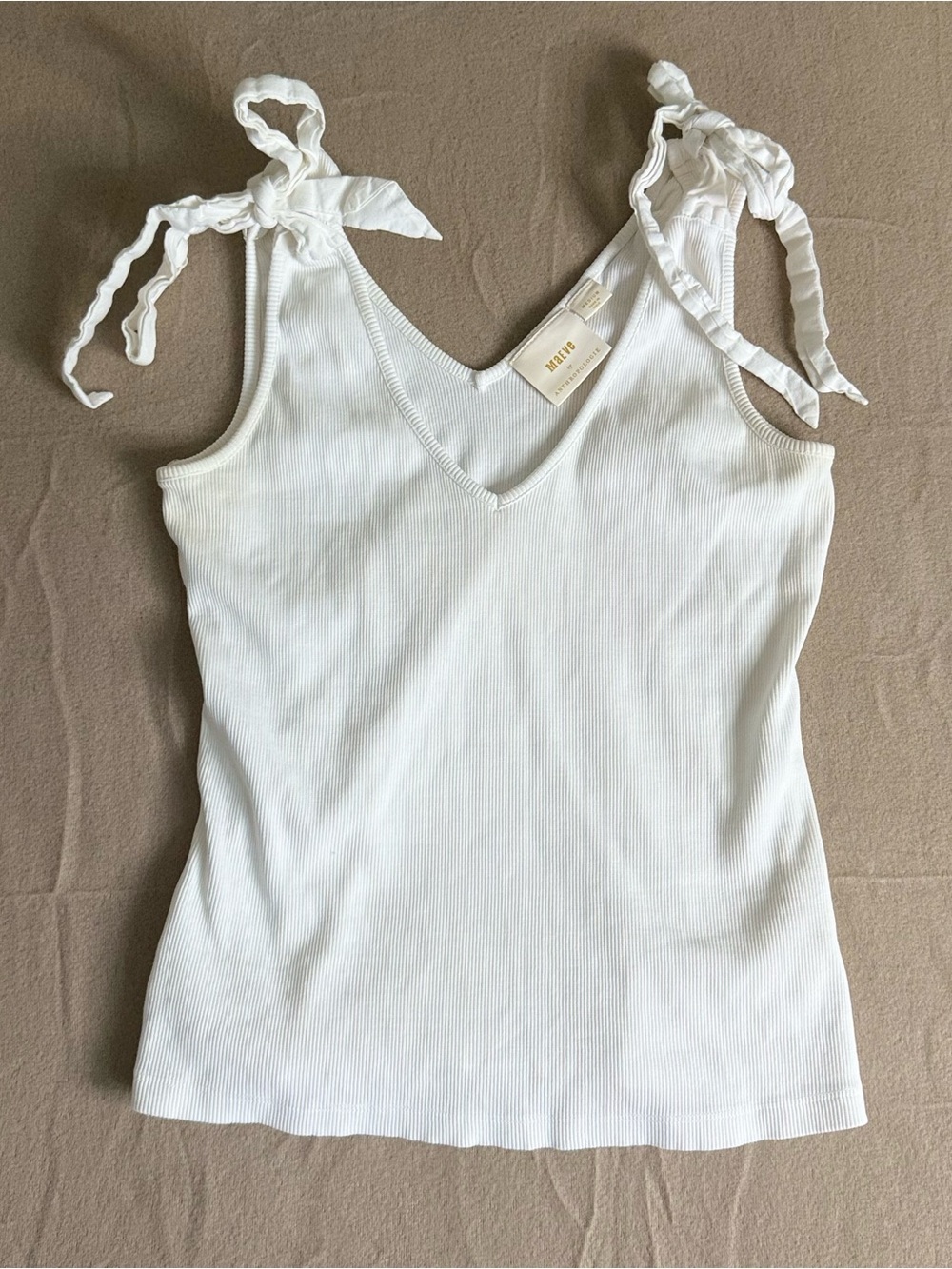 Maeve Anthropologie White Ribbed Tie Shoulder V Neck Tank Top Size M